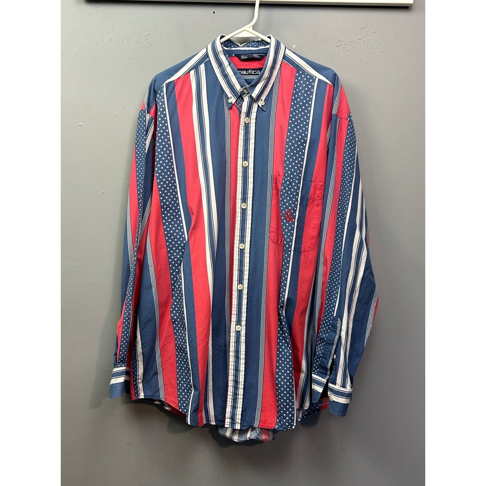 Nautica Mens XL TG Long Sleeve Button Down Shirt Red Blue Stripes Stars Sailboat